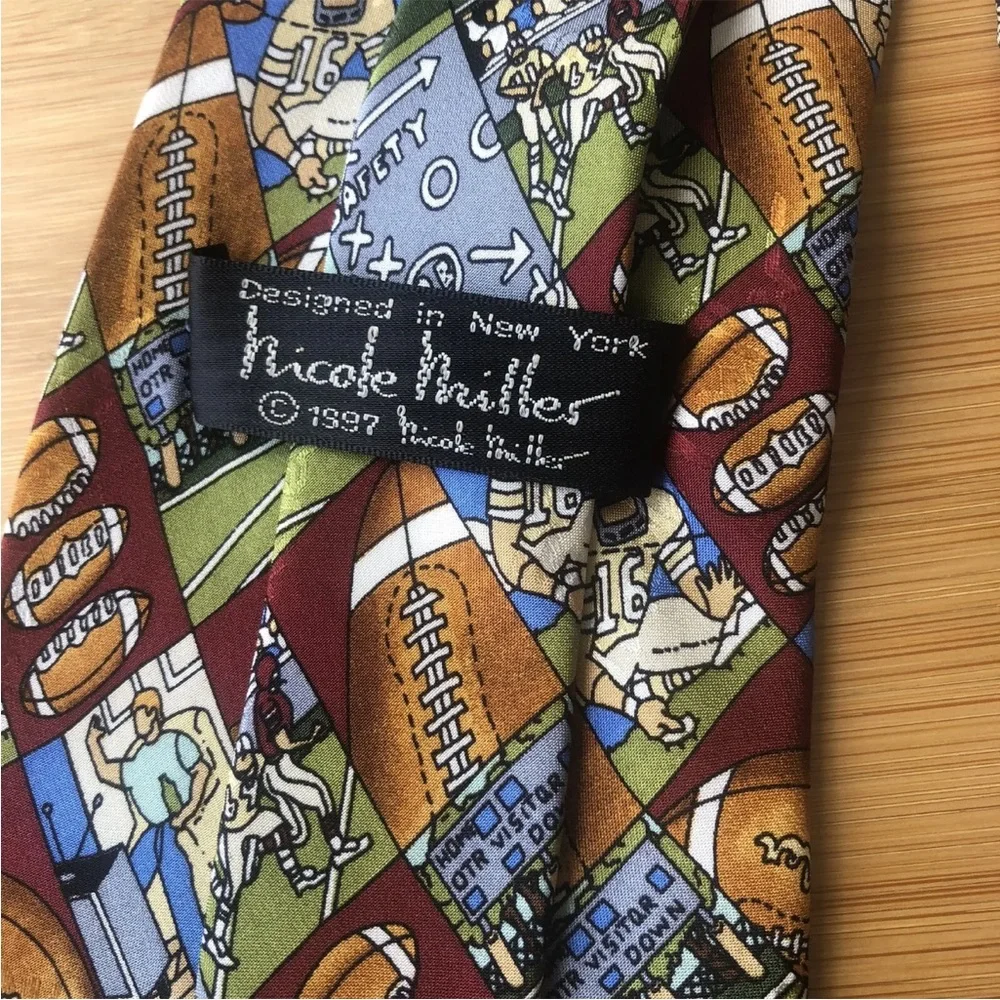 Nicole Miller Football Tie Black Silk Mens Red Blue Brown Necktie Vintage 90s